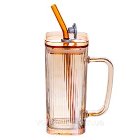 Кружка стеклянная с крышкой и трубочкой 280 (мл) чашка с трубочкой и крышкой  на подарок HP-19-51