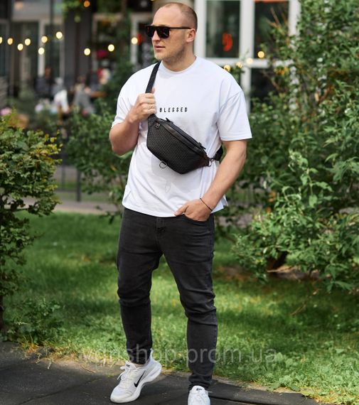 Стильна чоловіча бананка з натуральної гладкої шкіри 22х27х8, рюкзак нагрудний з принтом NM-58744 чорний | Зображення 9