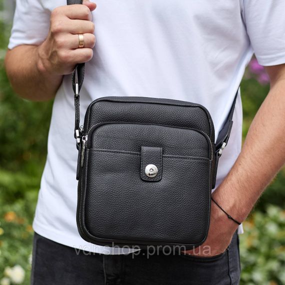 Чоловіча шкіряна універсальна сумка 24х20х8, барсетка зі шкіри, сумочка для чоловіків з регулюванням ручки, чорна | Зображення 2