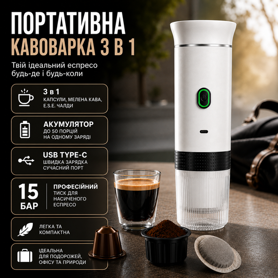 Портативная кофеварка 3 в 1 KF-JN-02 белая, аккумуляторная беспроводная эспрессо машина с USB Type-C для капсул и молотого кофе