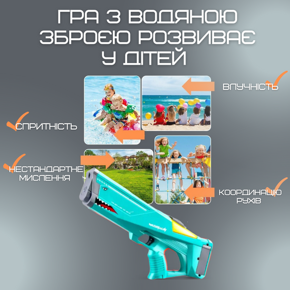 Водяний Автомат Електричний на Акумуляторі Портативний Водний Бластер для Дітей та Дорослих Акула Зелений | Зображення 3