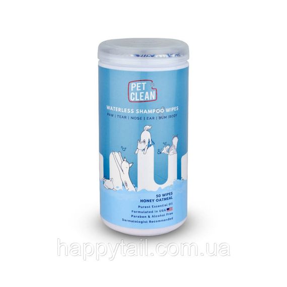 Серветки вологі Pet Clean PET WATERLESS SHAMPOO WIPES для домашніх тварин швидке очищення складок з медово-вівсяним ароматом