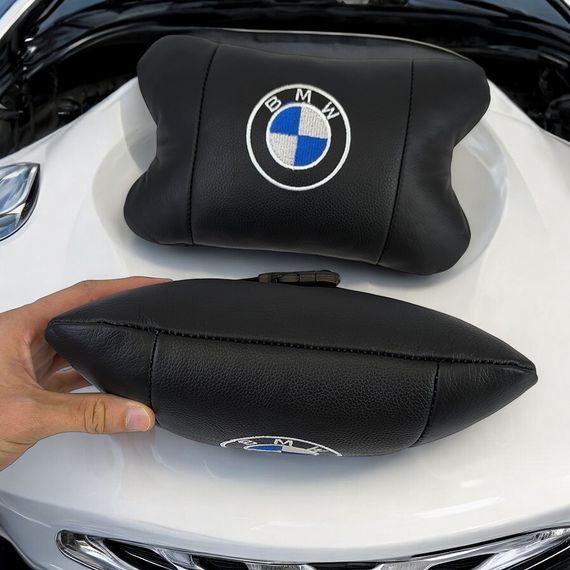 Авто подушки 2 шт — набор BMW из натуральной кожи, на подголовник в машину, Автомобильная подушка БМВ | Зображення 3