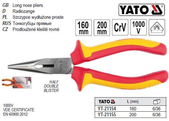 Тонкогубцы электрика YATO Польша прямые изоляция 1000V l=200 мм YT-21155