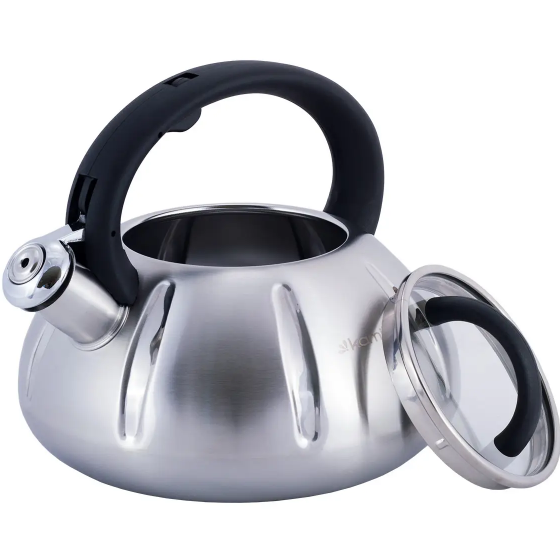 Чайник 3л нержавіюча сталь зі свистком зі скляною кришкою (ручка:чорний) 0671A KAMILLE | Зображення 3