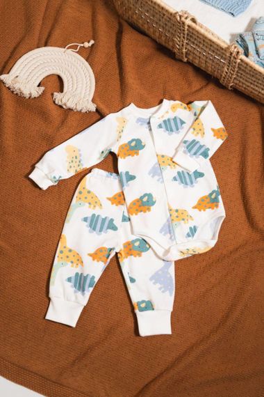 Теплий комплект для немовляти: боді з начосом і штанці, 0–24 міс принт Діно 80