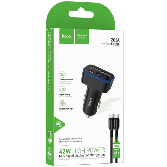 АЗП Hoco Z63A Barry PD42W+QC3.0 (2USB-A/1C) + кабель Type-C to Type-C Black | Зображення 1