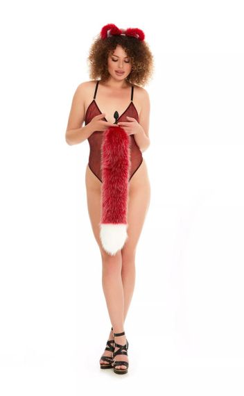 Анальний хутряний хвіст без пробки, Темно-червоний з білим кінчиком, OKOVA 60см. Sex Aura | Зображення 5