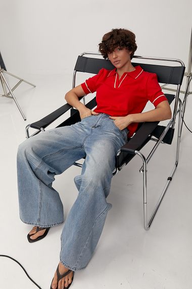 В'язана футболка-поло з манжетами - червоний цвет, ONE SIZE (є розміри) | Зображення 2