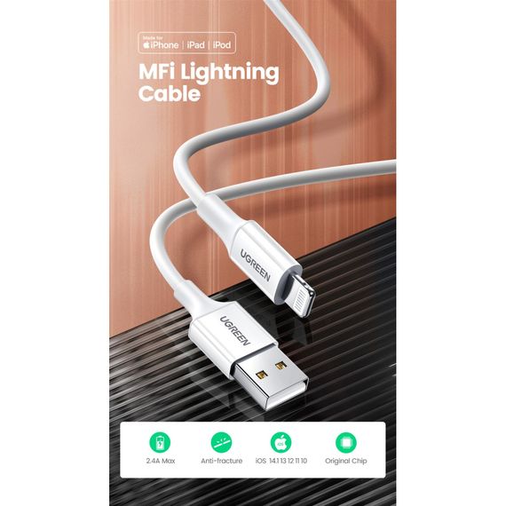 Дата кабель USB 2.0 AM to Lightning 2.0m US155 2.4A, Nickel Plating ABS Shell White Ugreen (20730) | Зображення 1