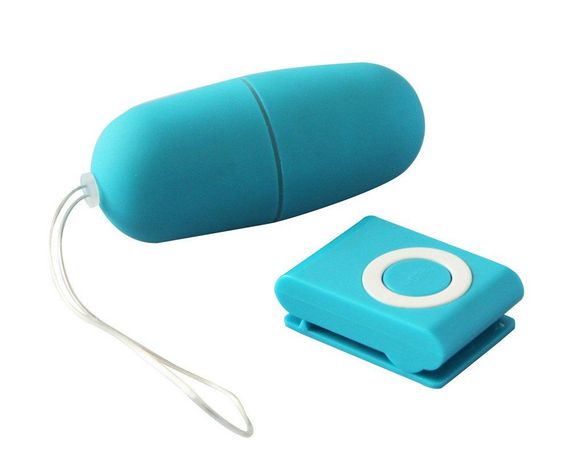 Виброяйцо (вагинальный тренажер) голубого цвета с пультом ДУ