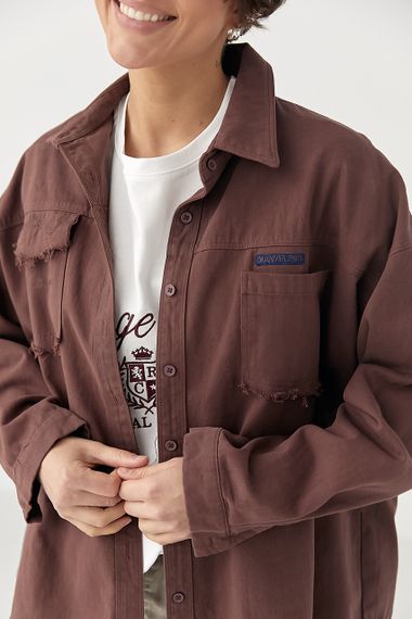 Котонова сорочка з накладними кишенями - бордо цвет, ONE SIZE (є розміри) | Зображення 3