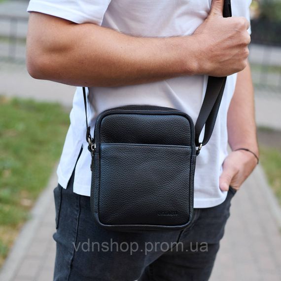 Чоловіча барсетка через плече, зернистая кожа 20х16х6, месенджер для міста, сумка для телефону та документів, чорна | Зображення 5