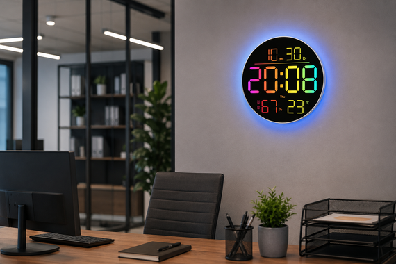 Годинник настінний 6695R/Настінний годинник круглий RGB з пультом/ Календарем, температура, вологість | Зображення 3