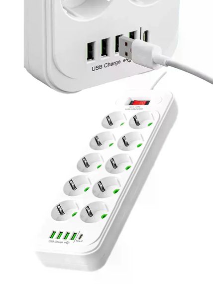 Мережевий подовжувач-фільтр PNS-02/D10 білий 5 м з LED-індикатором, 4 USB і PD Type-C