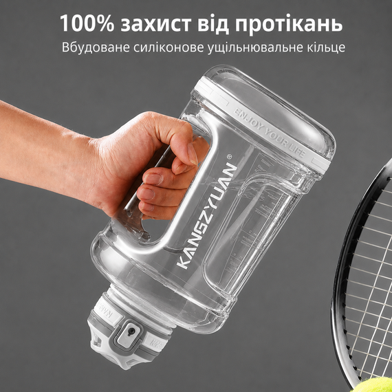 Эко-бутылка KANGZYUAN 2200 мл (2.2 л) - Белая Tritan BPA-free, ударопрочная, спортивная с ручкой и ремешком | Зображення 4