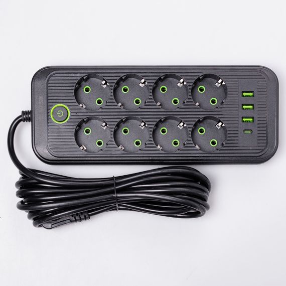 Мережевий фільтр 2.8 м подовжувач на 8 розеток з 3 USB 1 Type-C та кнопкою відключення F20U Чорний HP-5-28