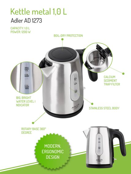 Електрочайник з нержавіючої сталі Adler AD 1273, 1 л, 1200 Вт | Зображення 7