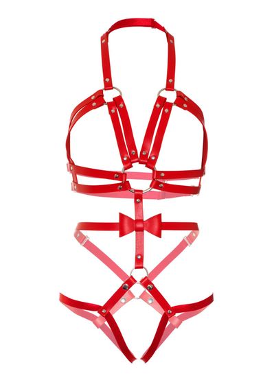 Портупея-тедді з ременів Leg Avenue Studded O-ring harness teddy L Red, екошкіра | Зображення 4