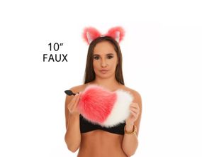 Анальний хутряний хвіст без пробки, Яскраво-рожевий з білим кінчиком, OKOVA sexstyle