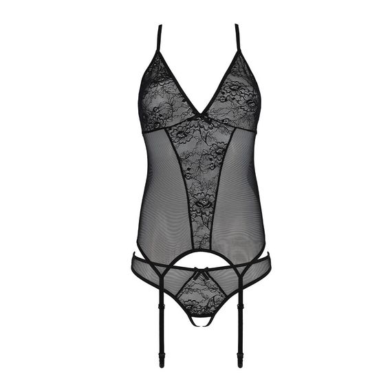 Корсет із пажами, трусики з ажурним декором та відкритим кроком Passion Ursula Corset black, 2XL/3XL | Зображення 3