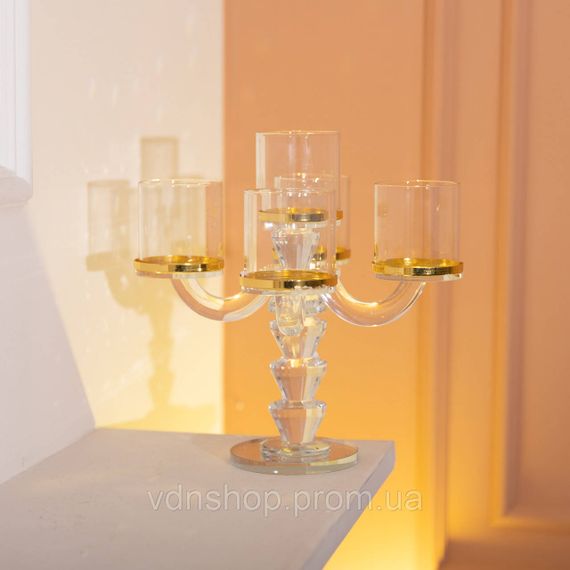 Канделябр на 5 свечей 19×19×23 см подсвечник стеклянный декоративный c золотой окантовкой HP-4-36 | Зображення 4