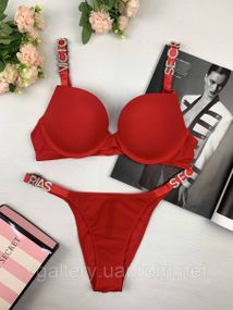 Білий комплект білизни Вікторія Сикрет | Ліфчик та трусики Літери Victoria's Secret L, 85В, Червоний