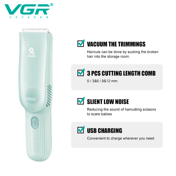 Машинка для стрижки детей бесшумная с вытяжкой  VGR V-155, 4 безопасные насадки, IPX8, зеленая | Зображення 1