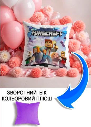 Подушка плюшева Мерч Крафт Дизайн з принтом Майнкрафт Minecraft 3 бузковий плюш квадратна 33х33 см