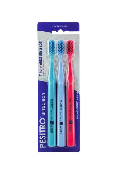 Набір зубних щіток Pesitro Triple 6580 Ultra Soft, 0.10мм (блакитна-синя-червона)