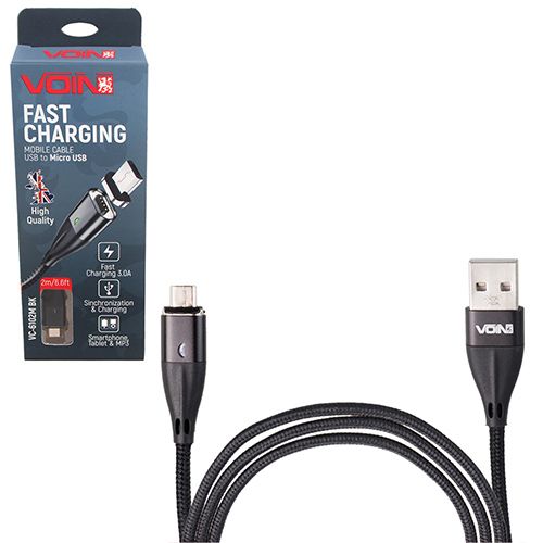 Кабель магнітний VOIN USB - Micro USB 3А, 2m, black (швидка зарядка / передача даних)