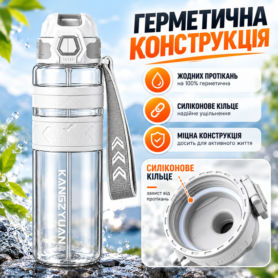 Спортивная бутылка KANGZYUAN 500 мл белая Tritan BPA-free ударопрочная эко-бутылка с антискользящими вставками | Зображення 8