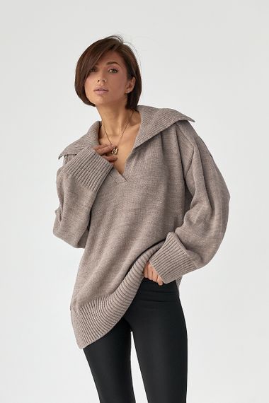 В'заний светр-поло вільного крою - кавовий цвет, ONE SIZE (є розміри) | Зображення 4