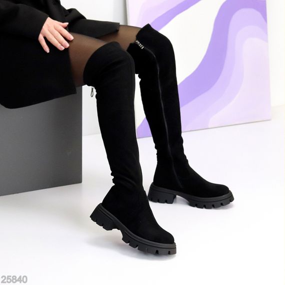 Высокие замшевые черные сапоги ботфорты  молния по всей длине | Зображення 5