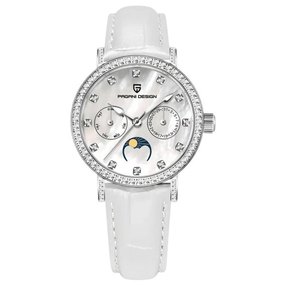 Жіночий годинник Pagani Design PD-1789 Silver-White-White Leather з фазами Місяця та сапфіровим склом
