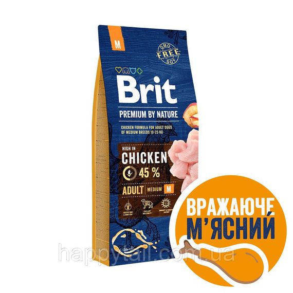Корм Brit Premium by Nature Adult M для взрослых собак средних пород, курица, 15 кг