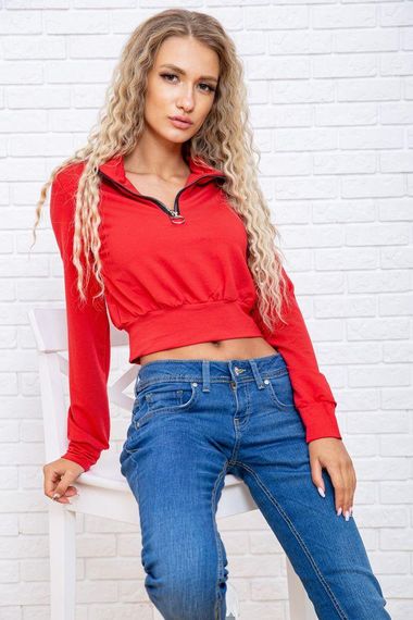 Укороченный женский свитшот на змейке красного цвета 119R376