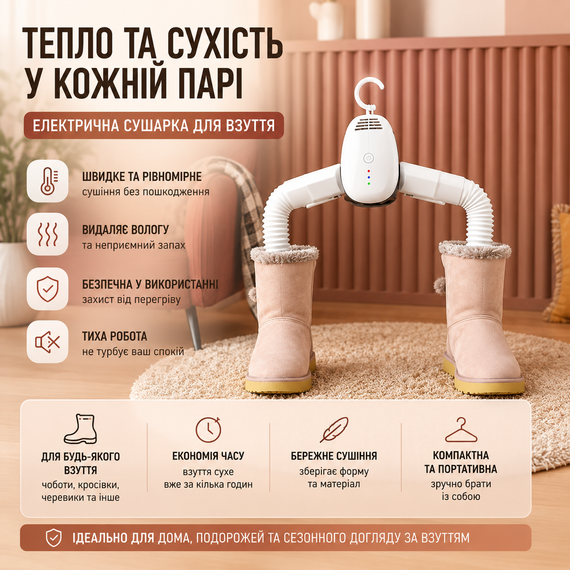 Сушилка электрическая для обуви и одежды 2 в 1 портативная вешалка-сушилка 130 Вт 50 дБ | Зображення 6