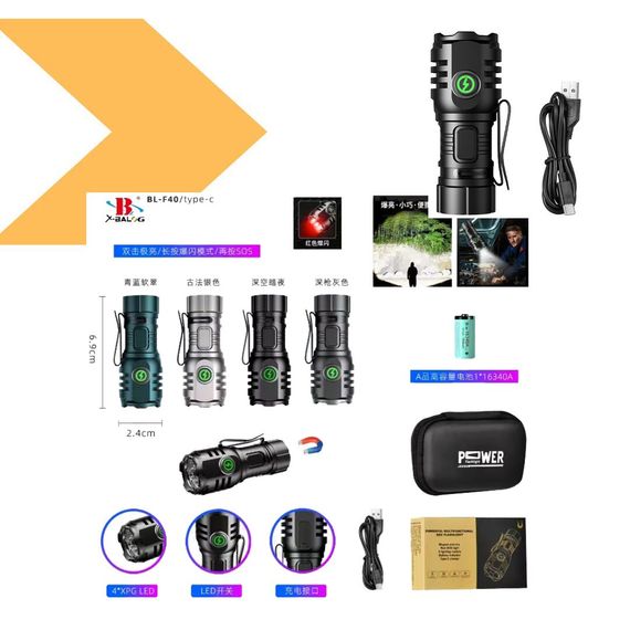 Ліхтар F40-4XPG з білим та червоним світлом, індикація заряду, зарядка Type-C, магнітне кріплення, чохол XPRO (47150-40_256) | Зображення 1