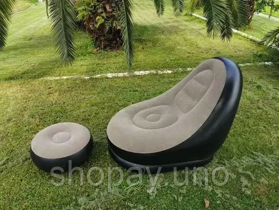 Надувной диван с пуфом Air Sofa / Надувное велюровое кресло с пуфиком+насос Бежевый | Зображення 2