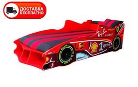 Кровать машинка модель Формула 1 красная со спортивным матрасом, подушкой и мягким сполером в изголовье
