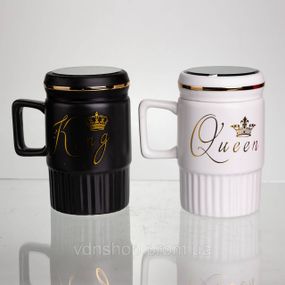 Набір парних порцелянових чашок з кришкою 2 (шт) по 450  (мл) Чорний з білим Yiwu FM-26