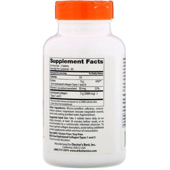 Комплекс для кожи, волос, ногтей Doctor's Best Collagen Types 1 and 3 with Vitamin C 1000 mg 180 Tabs DRB-00204 | Зображення 1