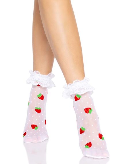 Носки женские с клубничным принтом Leg Avenue Strawberry ruffle top anklets One size, кружевные манж | Зображення 1