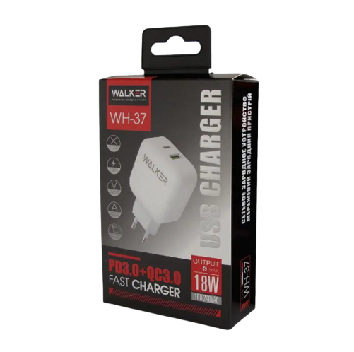 Зарядний пристрій мережевий USB/Type-C QC+PD 18W білий WALKER WH-37 | Зображення 1
