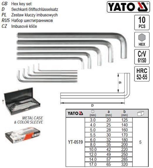 Набор ключи шестигранные YATO Польща CrV М3-17 мм 10 штук YT-0519
