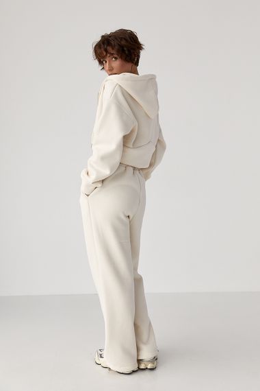 Теплий спортивний костюм з коротким худі та широкими штанами - бежевий цвет, L (є розміри) | Зображення 1