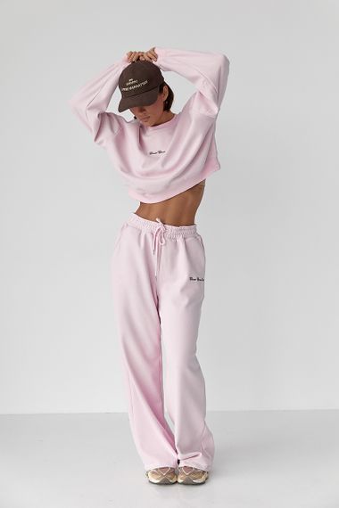 Спортивний костюм із плюшевим начісом з коротким світшотом та штанами палаццо - пудра цвет, M/L (є розміри) | Зображення 4