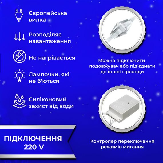 Гірлянда штора світлодіодна GarlandoPro Роса 200LED 3х2м 10 ліній 8 режимів гірлянда крапля роси Синій 173302BL | Зображення 3
