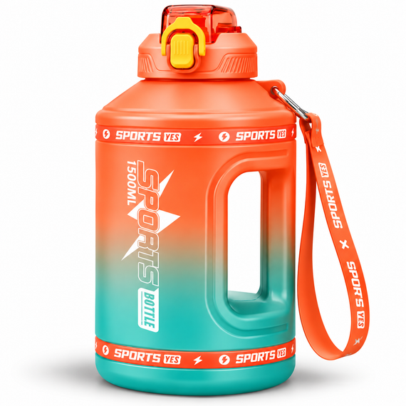 Эко-бутылка для воды SPORTS BOTTLE 1500 мл - большая многоразовая спортивная бутылка со встроенной ручкой, оранжевый градиент